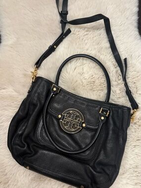 Tory Burch Black Leather Amanda Tote with Gold Hardware